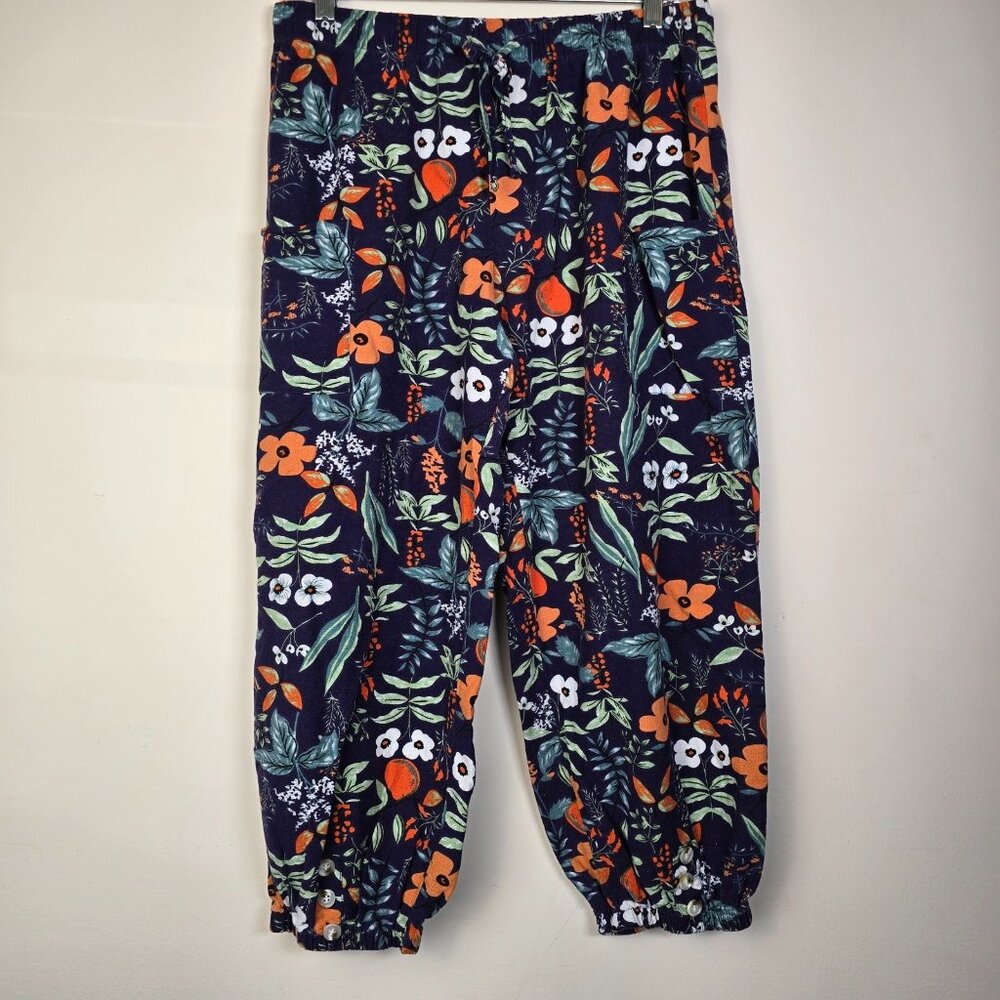Floral Pants Womens Extra Large Blue White Orange Flowers Cropped Joggers Boho